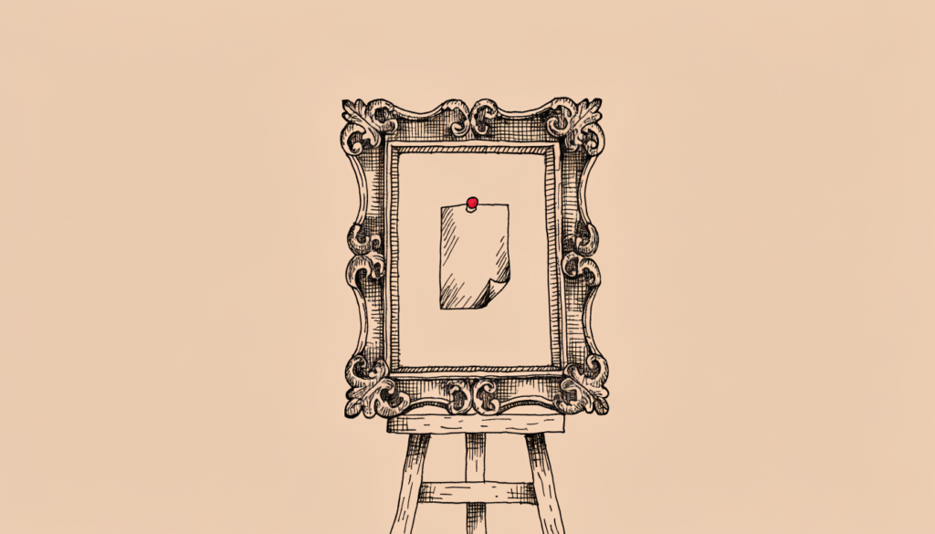 Ilustración editorial: un marco ornamentado en un caballete con una fotografía instantánea prendida en el centro con una chincheta roja