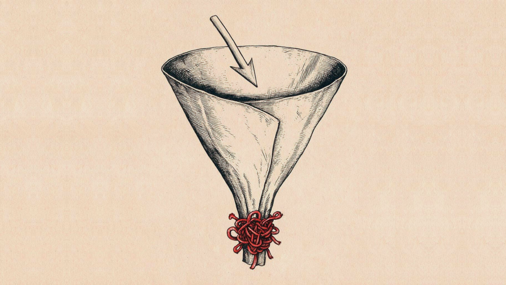 Ilustracion: un embudo de papel en el que entra facilmente una flecha por la boca ancha, mientras la salida esta cerrada con un nudo rojo enredado.
