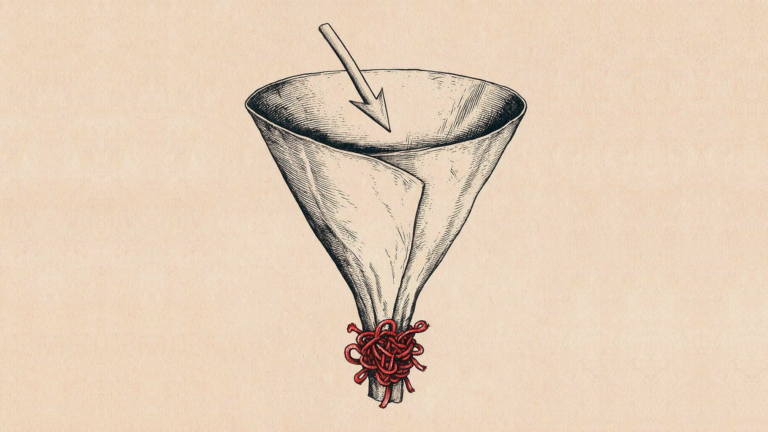 Ilustracion: un embudo de papel en el que entra facilmente una flecha por la boca ancha, mientras la salida esta cerrada con un nudo rojo enredado.