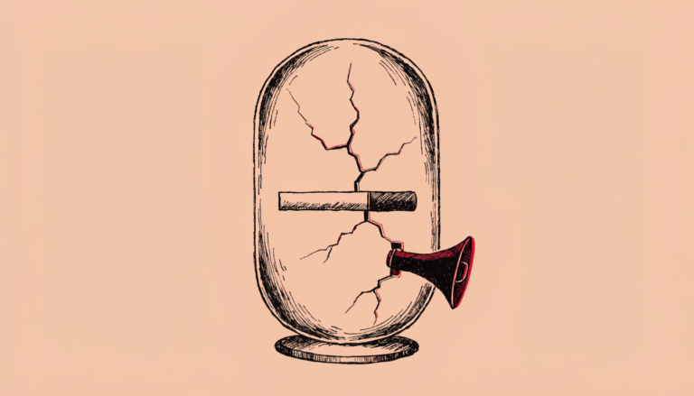 Ilustracion editorial: un cigarrillo dentro de una vitrina de cristal agrietada, con un megafono asomando por la grieta, metafora de la ampliacion del veto publicitario al tabaco