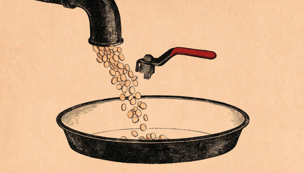 Ilustración editorial a tinta: una válvula de palanca roja regula el caudal de monedas que cae de una tubería hacia una cuenca, metáfora del control del dinero publicitario de la web abierta.
