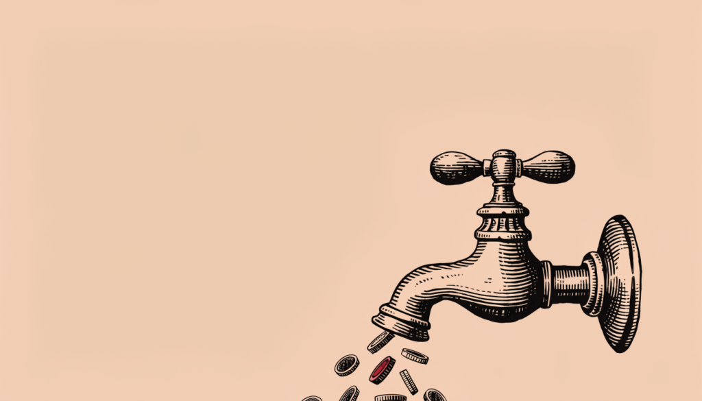 Ilustracion editorial: un grifo antiguo del que caen monedas en vez de agua, una de ellas en rojo