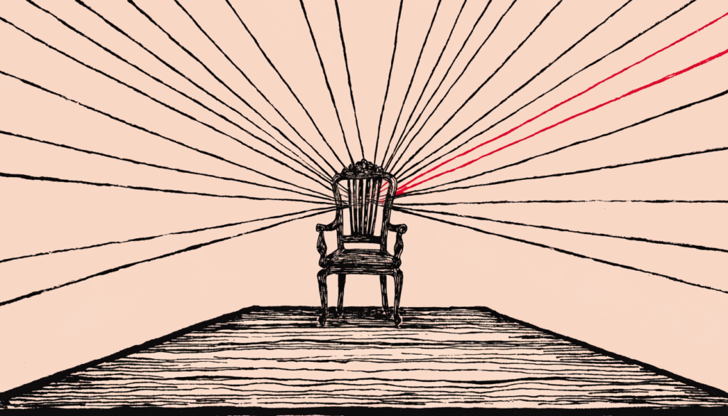 Ilustracion editorial: una silla de despacho vacia con hilos que irradian desde el respaldo, uno de ellos en rojo