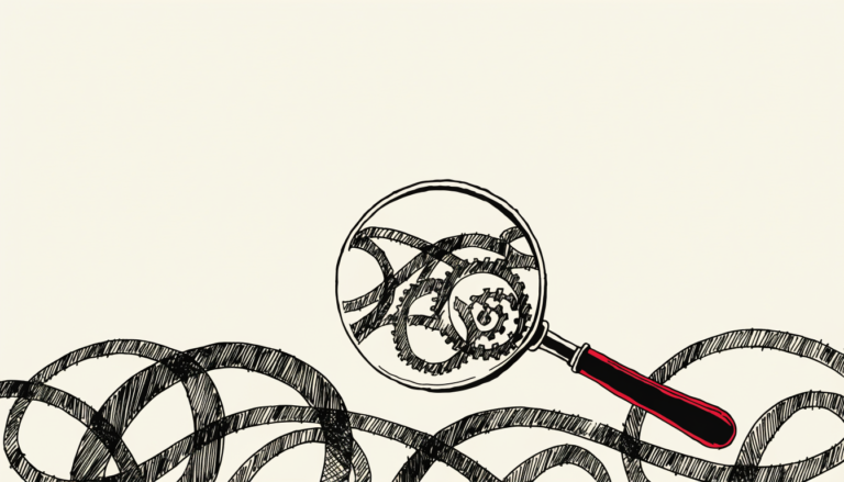 Ilustracion editorial: una lupa con mango rojo revela un mecanismo de engranajes oculto dentro de trazos de escritura a mano, sobre fondo crema.