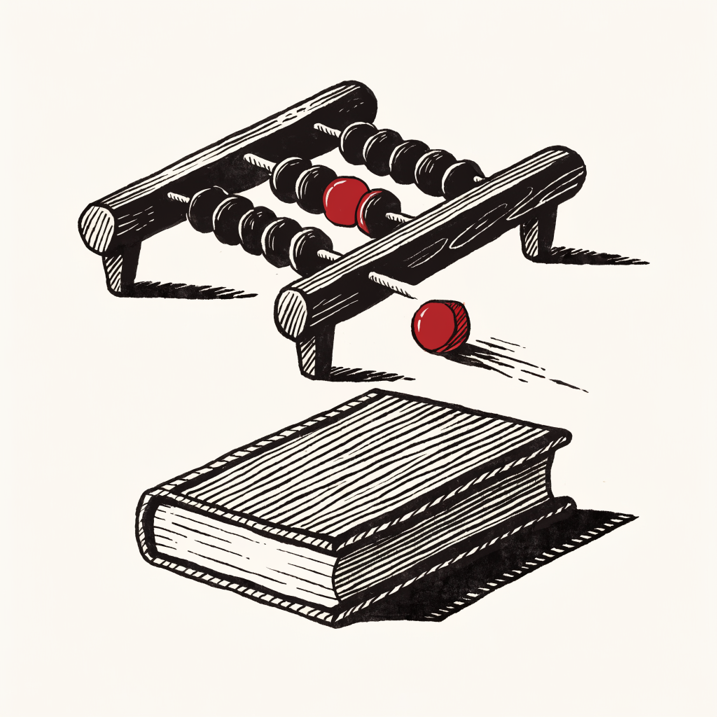 Emblema de Concha Cuentas: ábaco con cuentas negras y rojas, una caída, sobre un libro de cuentas