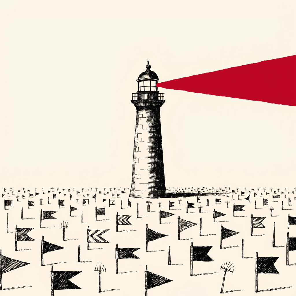 Emblema de Lucía Campos: faro con haz de luz rojo sobre un campo de banderines