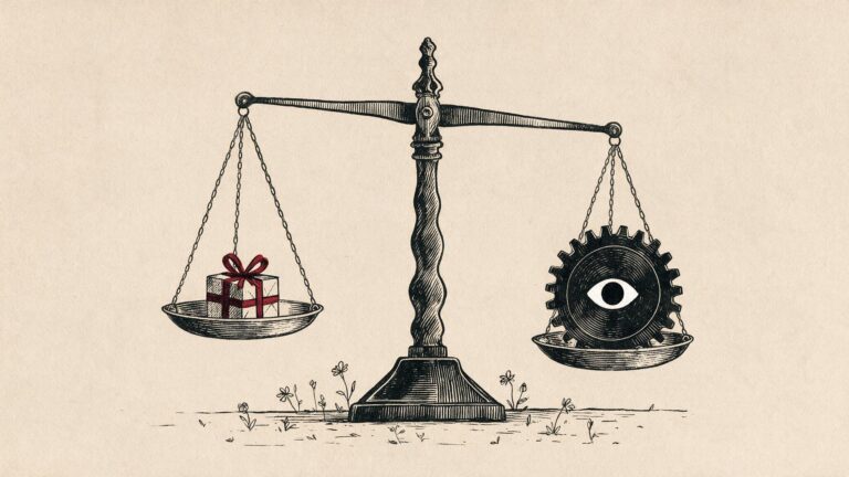 Ilustracion editorial de una balanza antigua: en un platillo un regalo con lazo rojo, en el otro un engranaje con un ojo, la balanza inclinada hacia el engranaje