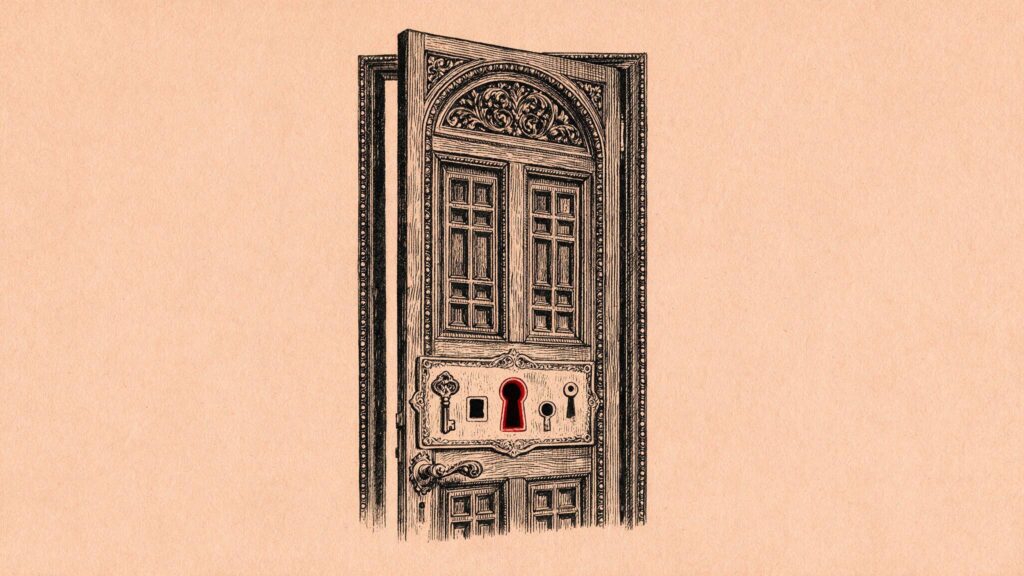 Ilustracion editorial de una puerta entreabierta con varios ojos de cerradura distintos, uno de ellos resaltado en rojo