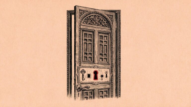 Ilustracion editorial de una puerta entreabierta con varios ojos de cerradura distintos, uno de ellos resaltado en rojo