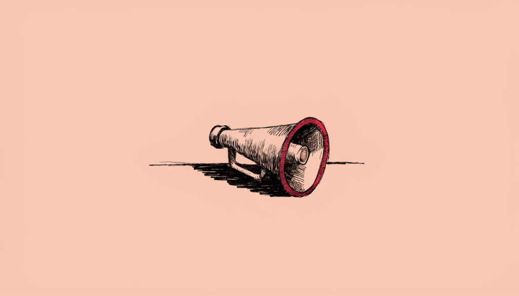 Ilustración: un megáfono de hojalata antiguo apoyado e inclinado hacia abajo, con una banda roja en la boca, sobre papel envejecido