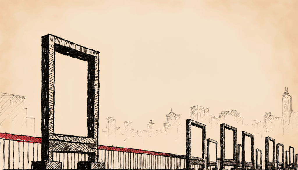 Ilustración editorial: una valla publicitaria exterior separada de una hilera de vallas idénticas
