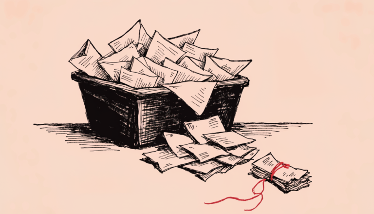 Ilustración editorial: un cesto de correspondencia desbordado de cartas, con un pequeño fajo atado con un hilo rojo