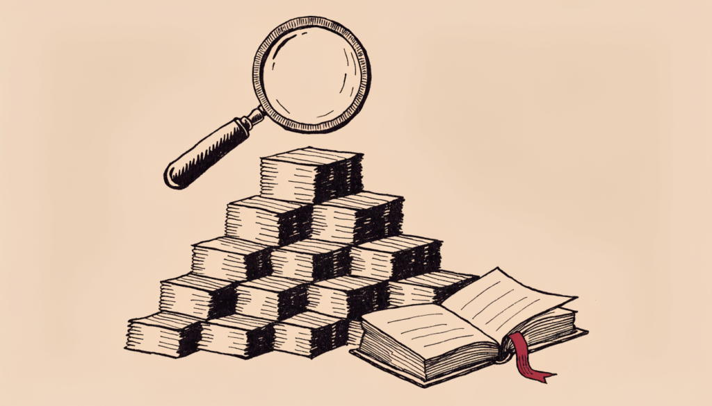 Ilustración editorial: una lupa examina una pila escalonada de recortes de prensa junto a un libro abierto con un punto de lectura rojo, metáfora del ranking de reputación de presidentes