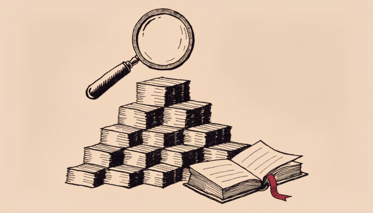 Ilustración editorial: una lupa examina una pila escalonada de recortes de prensa junto a un libro abierto con un punto de lectura rojo, metáfora del ranking de reputación de presidentes
