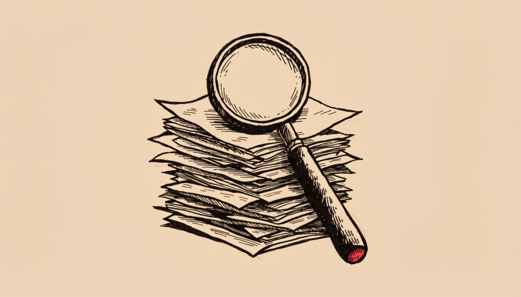 Ilustración editorial: una lupa examina una pila de documentos, en tinta sobre papel salmón.