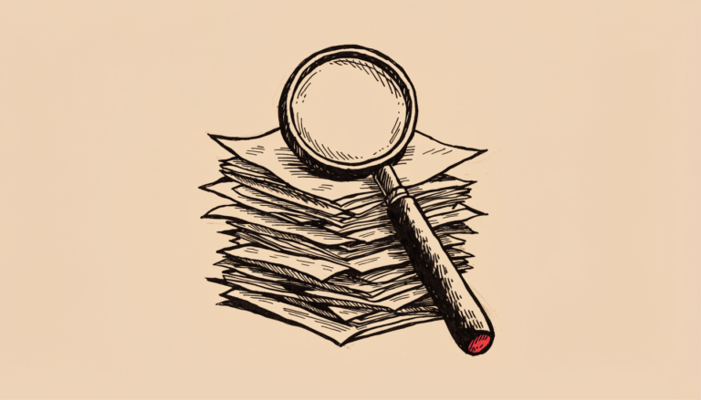 Ilustración editorial: una lupa examina una pila de documentos, en tinta sobre papel salmón.