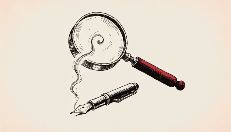 Ilustracion editorial: una pluma estilografica exhala un hilo de tinta que una lupa antigua absorbe, metafora del contenido de prensa extraido por resumenes de IA.