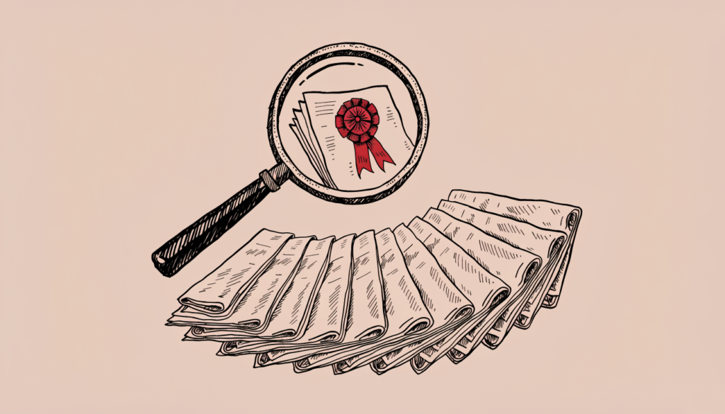 Una lupa se posa sobre un abanico de periodicos identicos y hace zoom sobre uno solo, marcado con una escarapela roja, como metafora del boton de fuente preferida de Google.