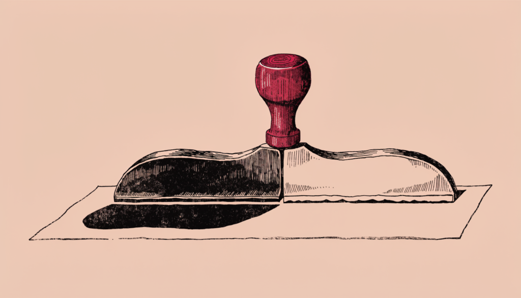 Ilustracion editorial de un sello de tinta partido a la mitad, una cara entintada y la otra en blanco, marcando solo una parte de un pliego de papel