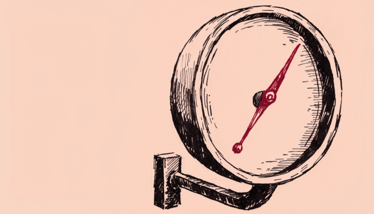 Ilustración editorial de un medidor antiguo de pared cuya aguja roja marca el máximo, pero cuya esfera no tiene ninguna escala ni números — metáfora del entusiasmo empresarial por la IA sin manera de medir su retorno.