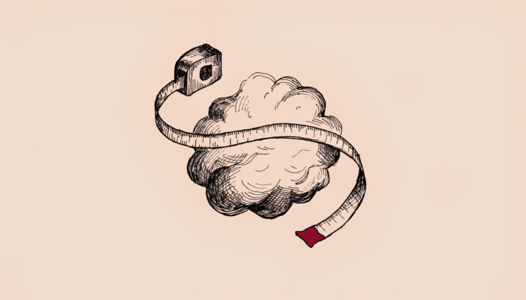 Ilustracion editorial de una cinta metrica midiendo una nube, con la punta en rojo