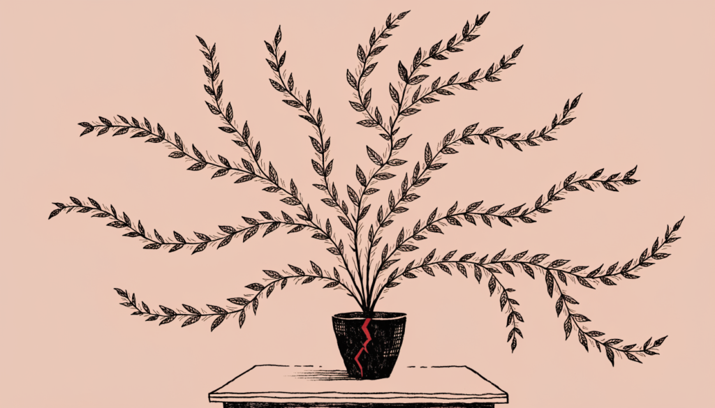 Ilustracion editorial: una planta con ramas que se extienden mucho mas alla del tiesto, que aparece agrietado con un acento rojo en la grieta