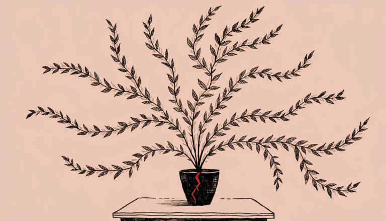 Ilustracion editorial: una planta con ramas que se extienden mucho mas alla del tiesto, que aparece agrietado con un acento rojo en la grieta