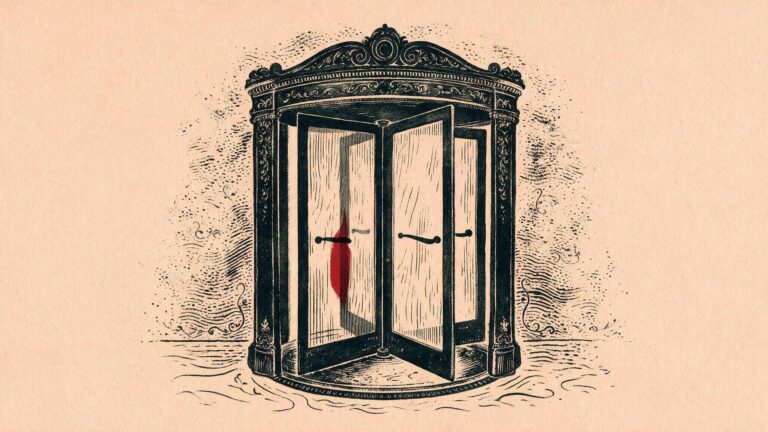Ilustracion editorial de una puerta giratoria de estilo ornamentado en tinta sobre papel salmon, con un panel en rojo