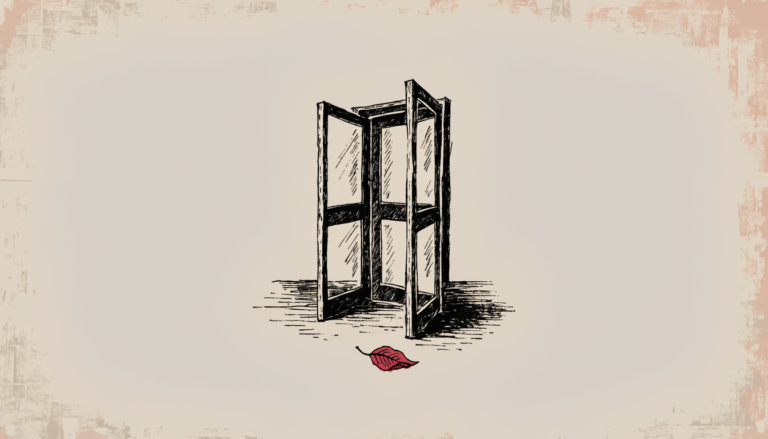 Ilustración editorial: una puerta giratoria de oficina vacía, con una hoja caída en el suelo.