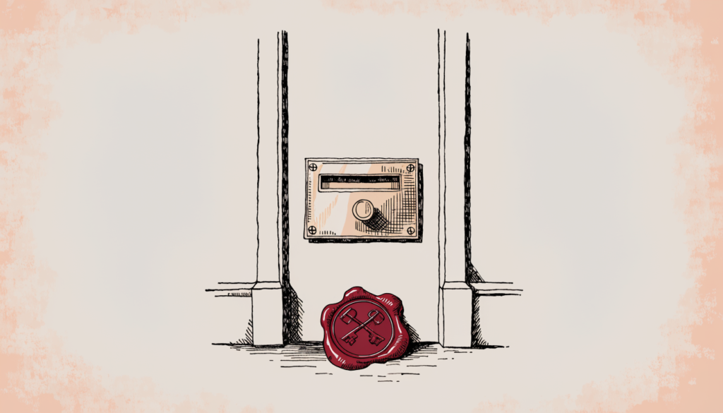 Ilustración editorial: una placa de nombre vacía en la puerta de un despacho oficial, con un sello de lacre en el suelo.