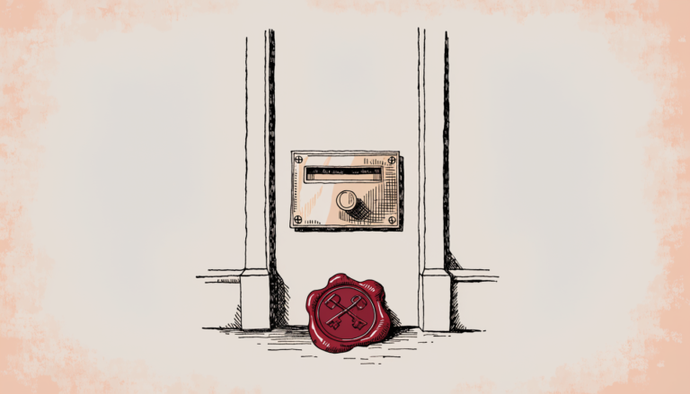 Ilustración editorial: una placa de nombre vacía en la puerta de un despacho oficial, con un sello de lacre en el suelo.