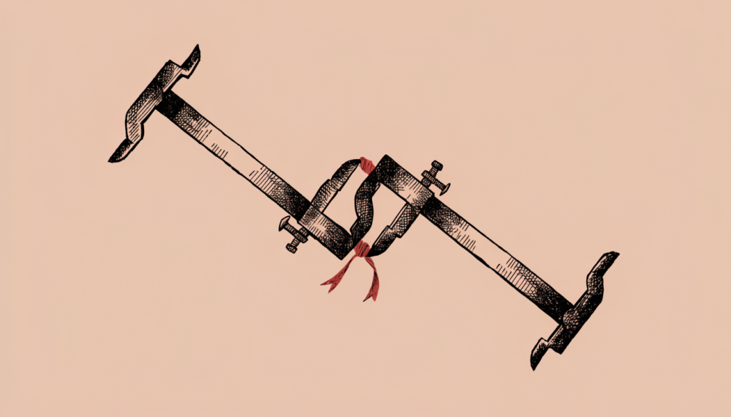 Ilustración editorial: dos calibres de medición entrelazados como eslabones, unidos por un lazo rojo