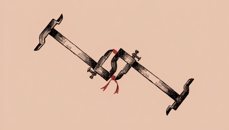 Ilustración editorial: dos calibres de medición entrelazados como eslabones, unidos por un lazo rojo