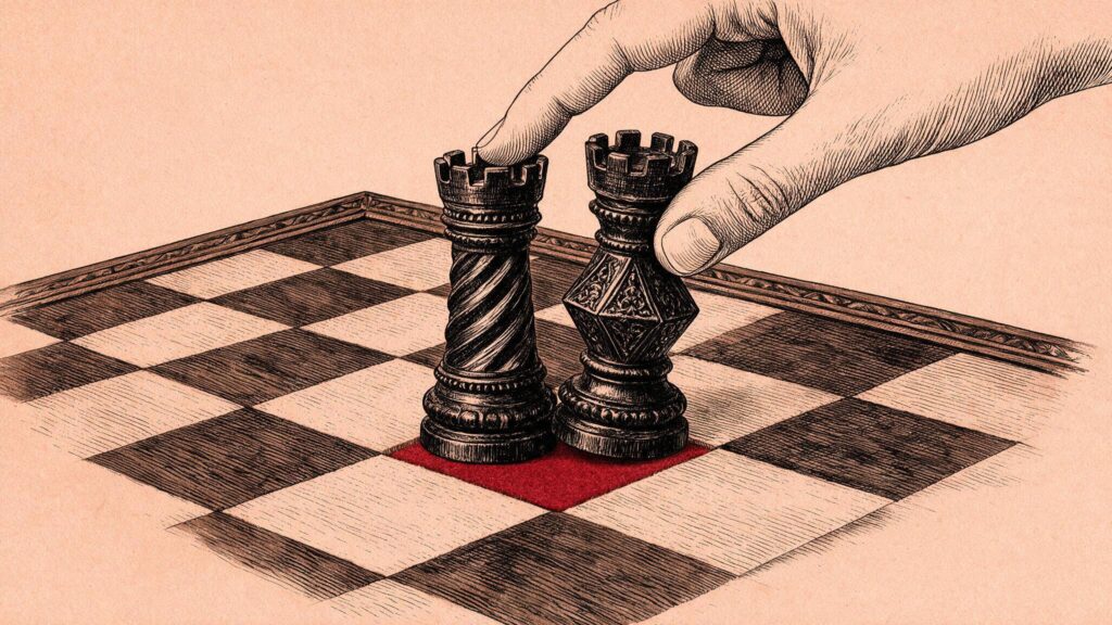 Ilustracion editorial de dos torres de ajedrez siendo colocadas juntas en un tablero, con un cuadro rojo bajo ellas