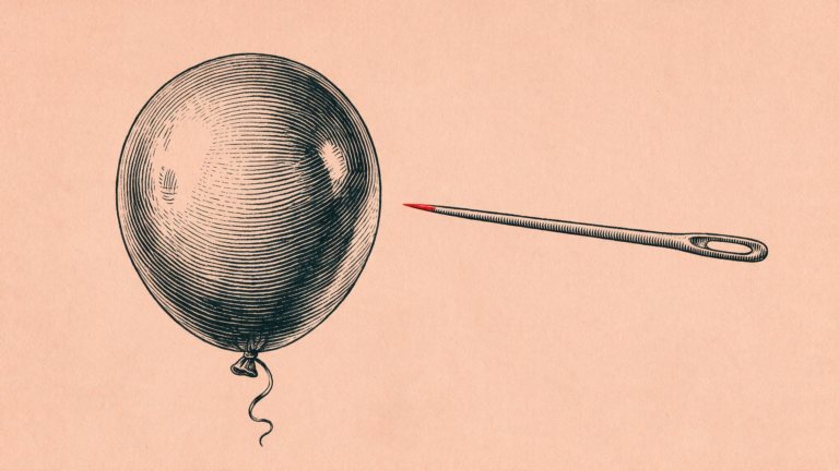 Ilustracion editorial: un globo oscuro a punto de ser pinchado por una aguja con la punta en rojo, sobre fondo salmon envejecido, sin texto