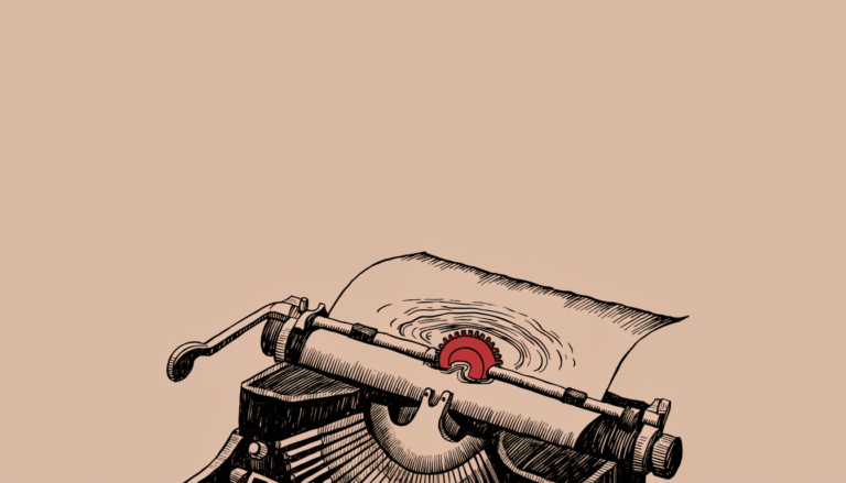 Una máquina de escribir clásica con un pequeño engranaje rojo en el rodillo, del que salen ondas concéntricas que deforman el papel, como metáfora de la IA generativa distorsionando la realidad en el periodismo.