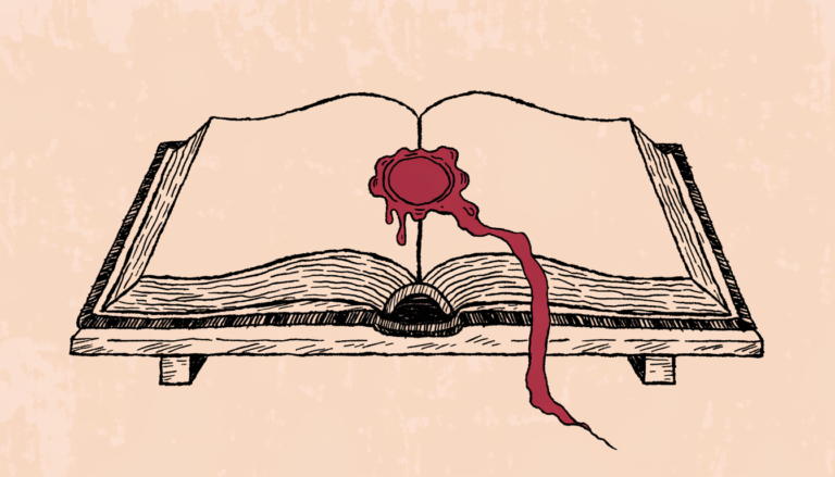 Ilustración editorial: un registro abierto con un sello de lacre y una cinta roja