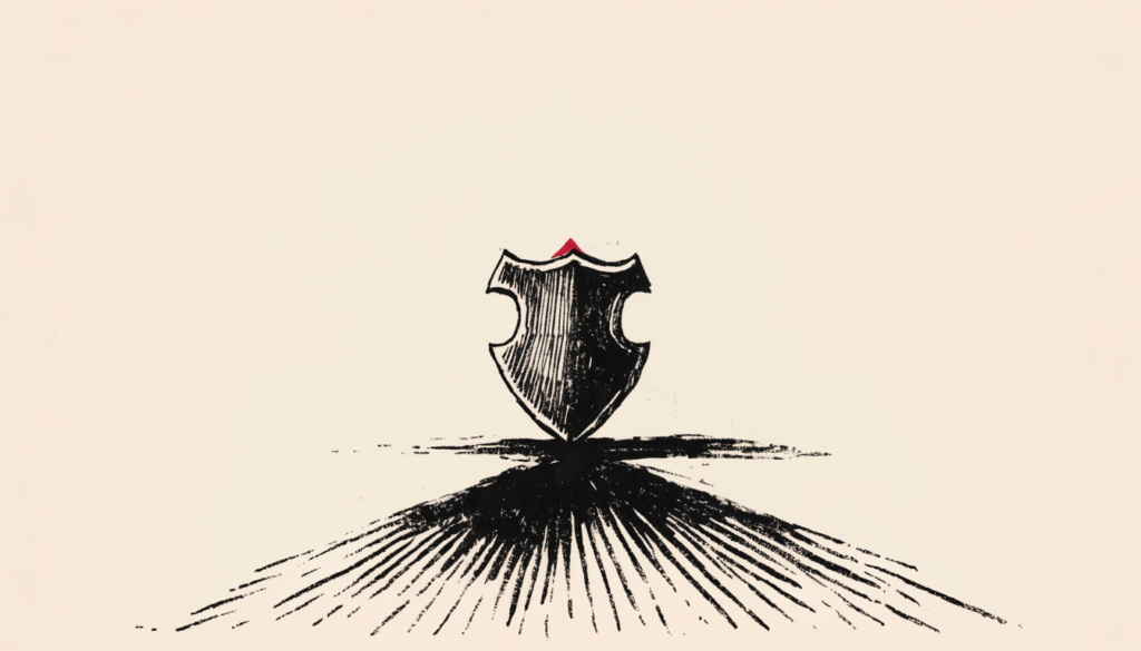 Ilustracion editorial: un escudo heraldico proyecta una larga sombra oscura que se extiende como tinta derramada, metafora del silencio que tambien comunica.