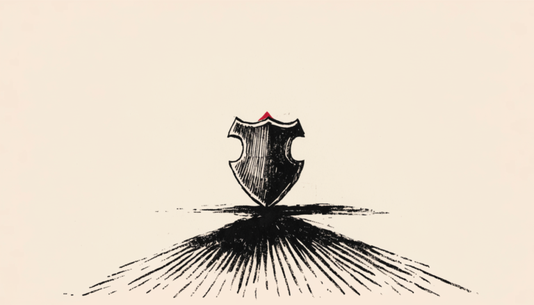 Ilustracion editorial: un escudo heraldico proyecta una larga sombra oscura que se extiende como tinta derramada, metafora del silencio que tambien comunica.