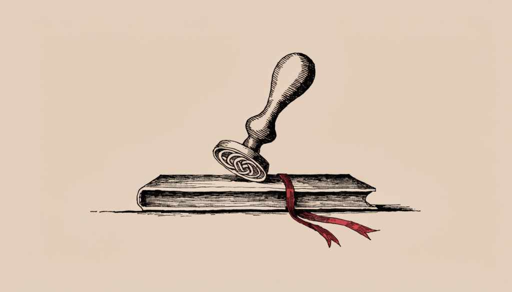 Ilustracion editorial de un sello oficial sellando un dossier atado con una cinta roja