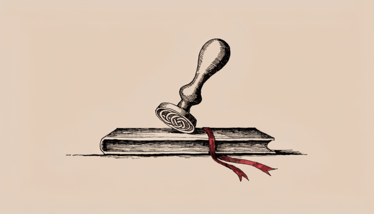 Ilustracion editorial de un sello oficial sellando un dossier atado con una cinta roja