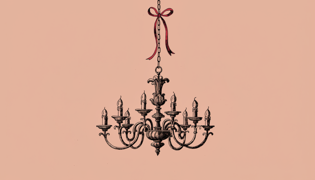 Ilustracion editorial de una arana de luces con velas encendidas, colgada en el vacio, con una cinta roja en la cadena