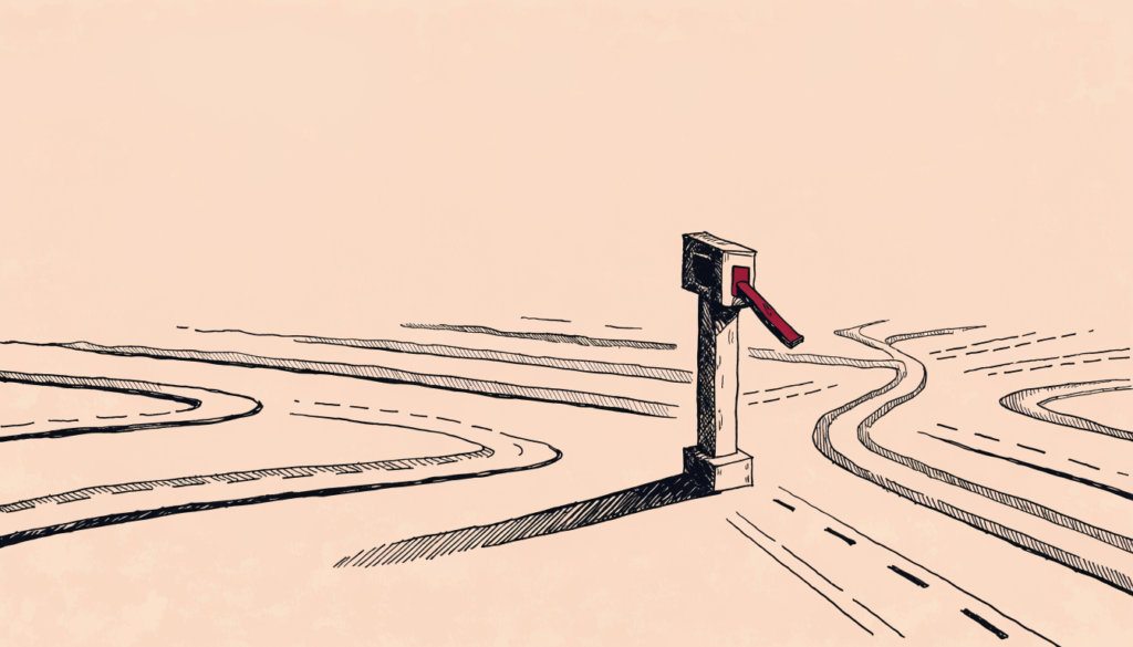 Ilustración editorial: un único torniquete de peaje por el que confluyen todas las carreteras de un cruce