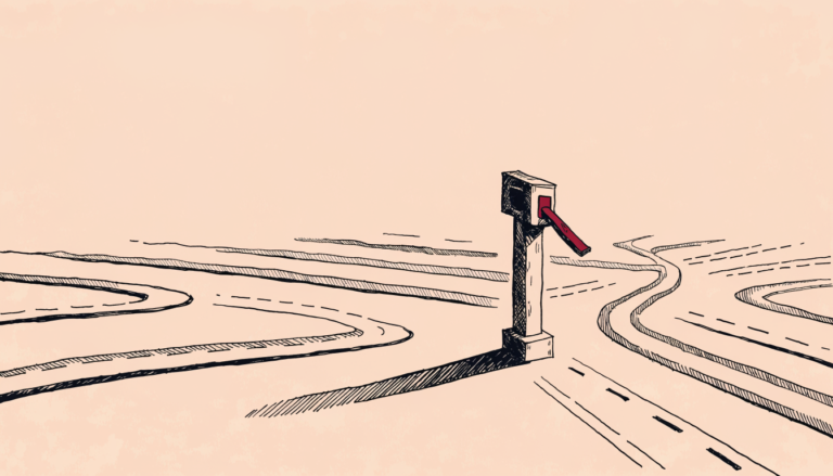Ilustración editorial: un único torniquete de peaje por el que confluyen todas las carreteras de un cruce