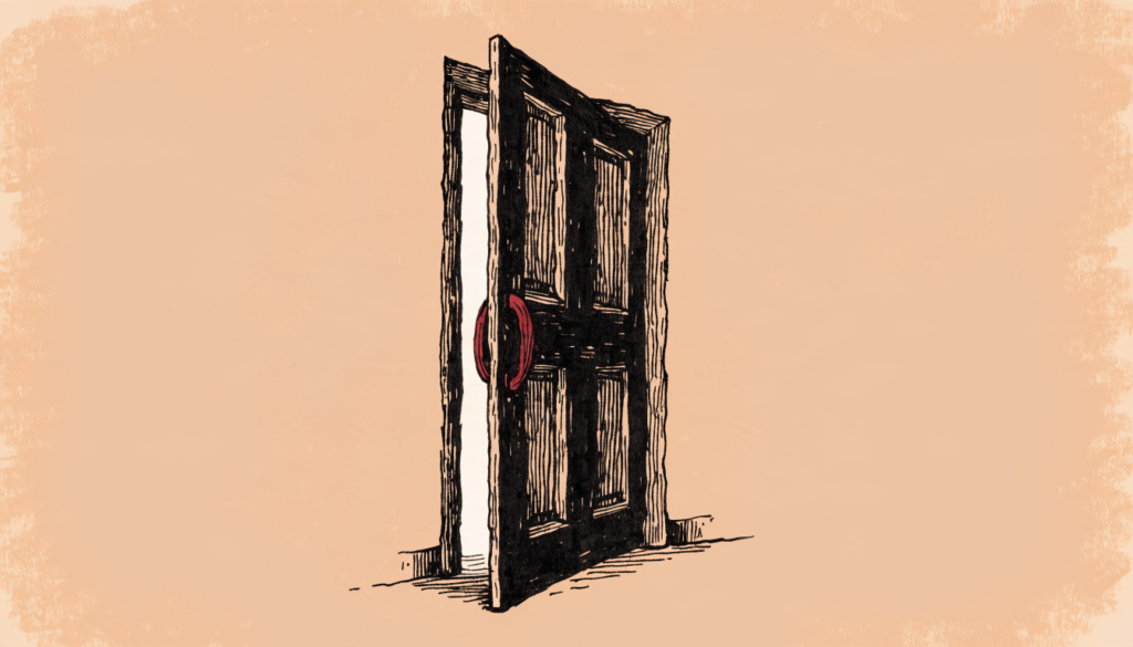 Ilustración editorial de una puerta institucional entreabierta, con el picaporte en rojo, sobre fondo salmón — metáfora de transparencia administrativa
