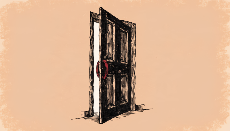 Ilustración editorial de una puerta institucional entreabierta, con el picaporte en rojo, sobre fondo salmón — metáfora de transparencia administrativa