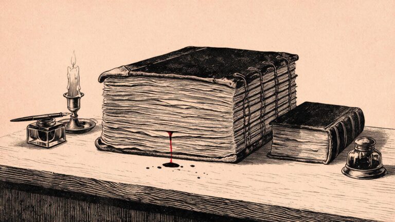 Ilustracion editorial: un grueso libro de contabilidad encuadernado con nuevos hilos, del que gotea un fino hilo de tinta roja sobre la mesa