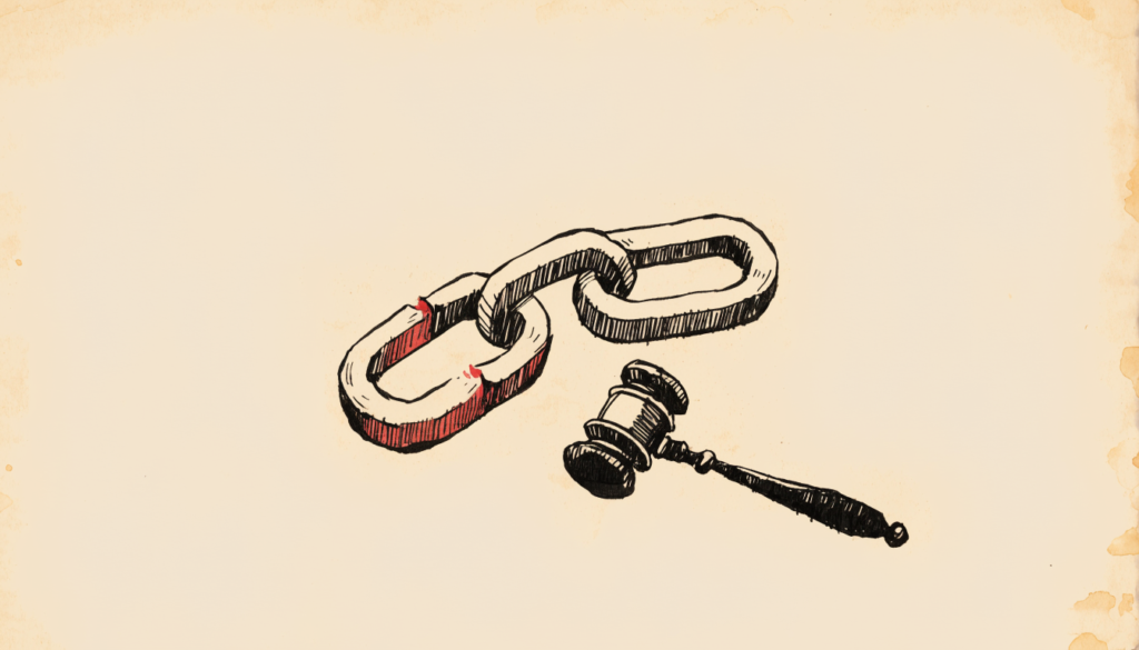 Ilustración editorial: un eslabón de cadena de papel abierto junto a un mazo de juez, sobre fondo cálido, referencia al fin de la alianza GARM tras el acuerdo legal entre X y la WFA