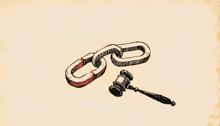 Ilustración editorial: un eslabón de cadena de papel abierto junto a un mazo de juez, sobre fondo cálido, referencia al fin de la alianza GARM tras el acuerdo legal entre X y la WFA