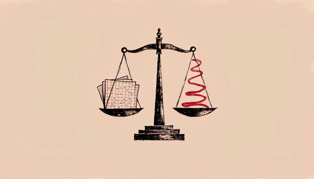 Ilustración editorial de una balanza: en un platillo, hojas de papel cuadriculado con datos; en el otro, un hilo rojo enroscado, en equilibrio.